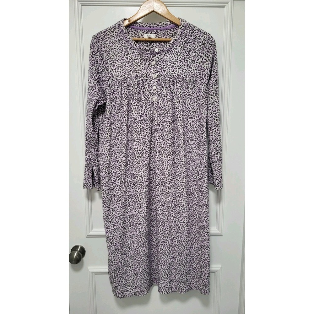 Aria Fleece Purple Floral 1/4 Button Long Sleeve Nightgown Sz L